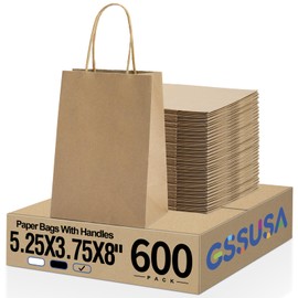 GSSUSA Brown Paper Bags 5.25x3.75x8 600Pcs, Gift Bags with Handles Bulk for Small Business