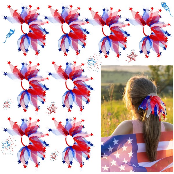 Retrowavy 8 Pcs American Hair Ties for Woman White and Blue Hair Elastic Scrunchies USA Patriotic Ponytail Holder Stars 4th of July Hair Scrunchies Memorial Day Independence Day Party Accessories