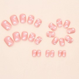Hkanlre Short Pink Square Fake Nails Tips Flower Press on Nails Full Cover False Bling Nails for Women 24PCS