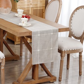 Embroidered Linen Table Runner Rustic Plaid Farmhouse Table Runners Checkered Rectangle Runner for Dinning Dresser Coffee Party Holiday Table Decor Brown 33 x 122 cm/13 x 48 inch