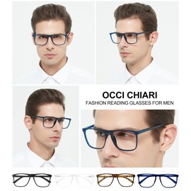 OCCI CHIARI Large Reading Glasses for Men Stylish Oversized Square Readers Spring Hinge 1.00 1.50 2.00 2.50 3.00 3.50 4.00 5.00 6.00(Blue,1.0)