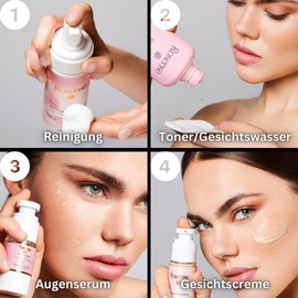 Rosense Pflegeset für normale/Mischhaut: Reinigungsschaum 150ml mit Panthenol, Rosenwasser/Gesichtswasser 300ml, Gesichtscreme mit Hyaluronsäure 50ml, Augenserum 15ml - Hautpflegepaket