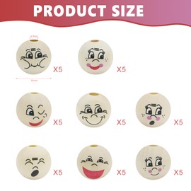 Kotkiddy® Pack of 40 Round Wooden Beads 20 mm, Wooden Beads with Face, Wooden Beads with Various Smiley Faces, Wooden Beads Round for DIY Handmade