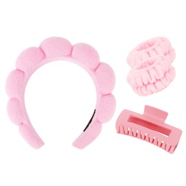 Wecoe Pink Spa Headband and Wristband Set for Face Washing, Makeup Application, Skincare Routine, 3-Piece Hair Accessories Kit with Hair Clip