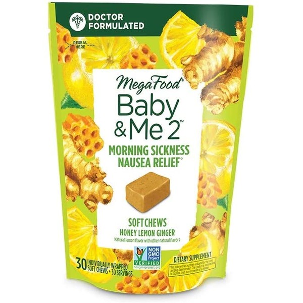 MegaFood, Baby & Me 2 Morning Sickness Nausea Relief Soft Chews, A Baby & Me Vitamin to Support Pregnancy with Organic Ginger and Vitamin B6, Non-GMO, Vegetarian, Honey Lemon Ginger Flavor, 30 Chews