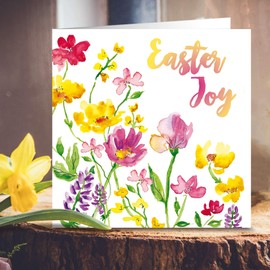 Religious Easter Cards - Easter Joy Flowers, pack of 5 cards with white envelopes, with Bible verse inside these Christian Easter cards, by Just Cards Direct