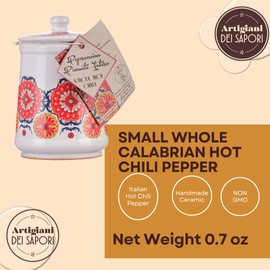 Dried Whole Hot Chili Peppers in Italian Ceramic Jar, Calabrian Diavoletti Rossi, Small Dried Spicy Hot Chili Peppers, Herbs, Spice & Seasoning Gifts, Spice Jars with Spices included, Artigiani dei Sapori, Product of Italy