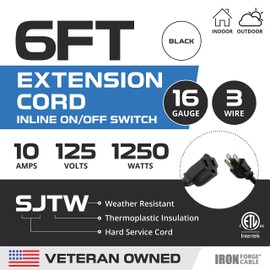 Iron Forge Cable 6 Ft Black Outdoor Extension Cord with IP65 Inline Switch On/Off, 16/3 SJTW 3 Prong Waterproof Switch - 10 AMP Cord - ETL Listed