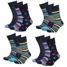 Budget Gifts 12 Pairs - Men's Socks Multicoloured Striped Spot Cotton Rich Breathable Socks Size 7-11