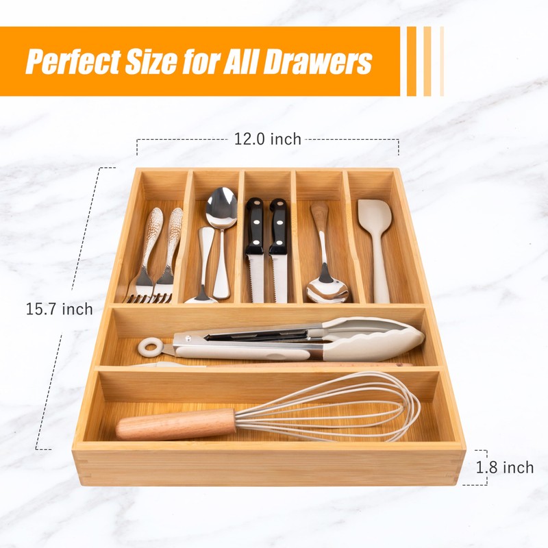 Bellsal Bamboo Silverware Drawer Organizer, Kitchen Utensil Drawer Organizers, 12"x15.7"