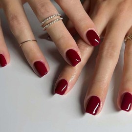 Dark Red Press on Nails Short Square Fake Nails Solid Color False Nails Press ons,Reusable Artificial Nails with Jelly Adhesive Tabs,Glossy Full Cover Stick on Nails for Women Manicure 24 Pcs