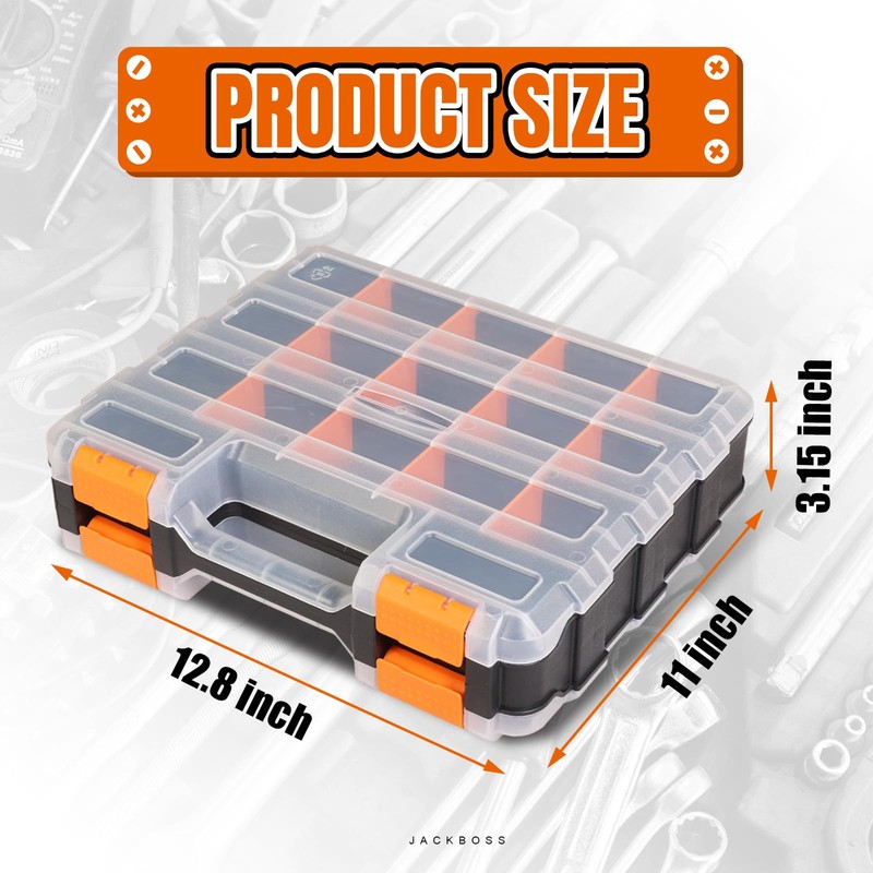 Jack Boss Tool Box with Transparent Lid, Double Side 34-Compartments