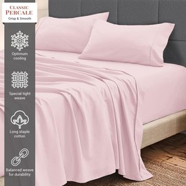 Pizuna Percale Cotton Sheets King Size, 100% Long Staple Cotton Crisp Percale Sheets King with 15 inch Deep Pocket (Combed Light Pink Cotton Sheets King)
