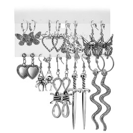 Gothic Earrings Set, Metal Punk Goth Vintage Silver Snake Spider Butterfly Dagger Dangle Drop Earrings for Women, Grunge Y2K Emo Jewelry Pack Party Costume Accessories (Style1)