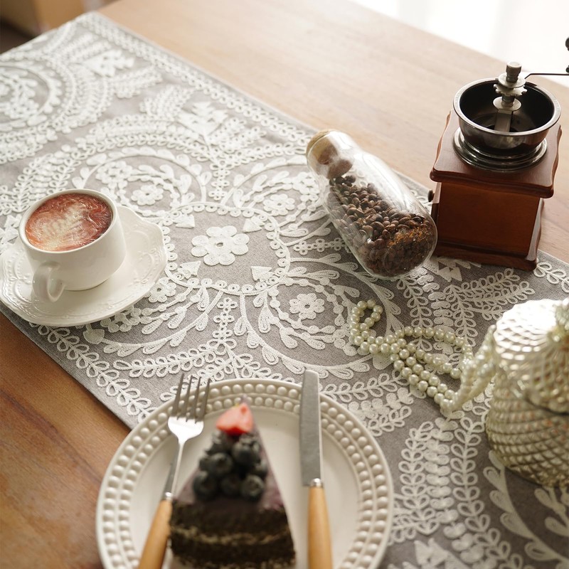 Artbloss Embroidered Table Runner Boho Farmhouse Dresser Scarf Macrame Rustic