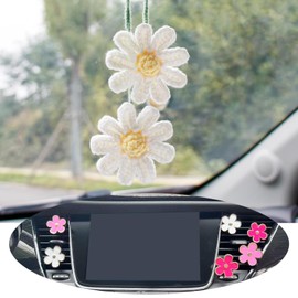 Daisy Flower Car Accessories for women Cute Car Air Vent Clips Car Air Freshener + Crochet Daisy Rear View Mirror Hanging
