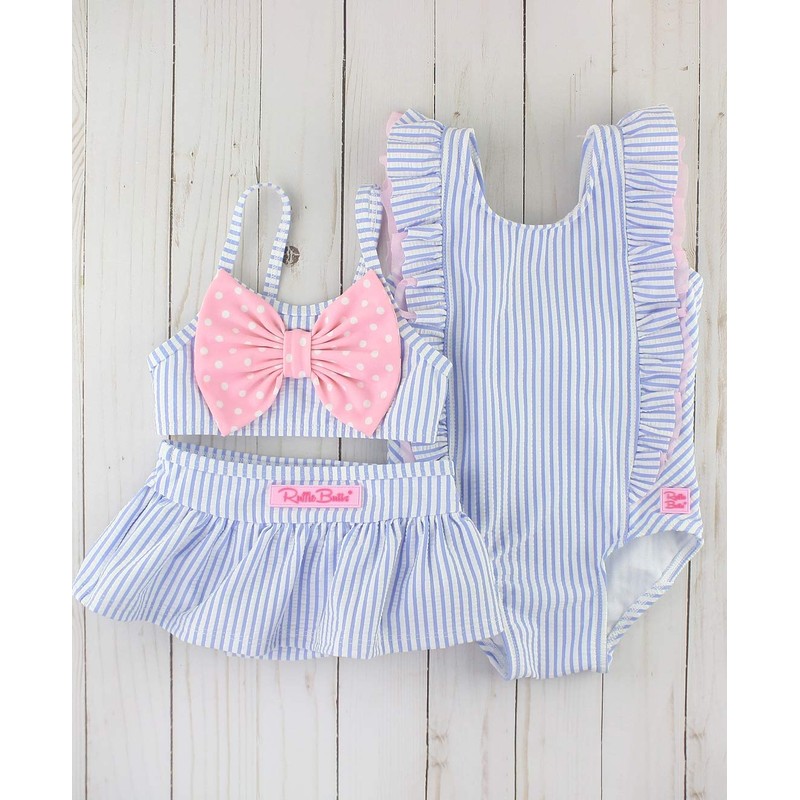 RuffleButts® Niñas Periwinkle Blue Seersucker Cascada de una pieza -