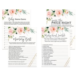 Graceful Floral Baby Shower Game Card Bundle 4 in 1 Pack (25 Each) Includes Mommy Best - Word Scramble - Name Game - Guess the Price – Girls Greenery Blush - Double Sided Set - Paper Clever Party