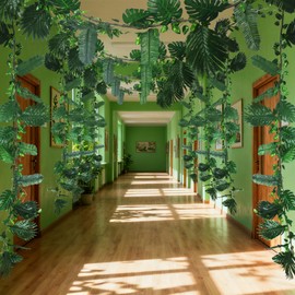 50 Pcs Jungle Theme Party Decorations Tropical Rainforest Leaves with 2 10ft Artificial Safari Rattans 36 Tropical Palm Fake Leaves Jungle Vines for Forest Jungle Dinosaur Party Indoor Outdoor Decor