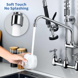 Keipan Commercial Spring Kitchen Faucet with Sprayer, 8 Inch Center Wall Mount Sink Mixer Tap with 12” Swing Spout 25” Height Compartment Sink Faucet for Restaurant Industrial in Chrome