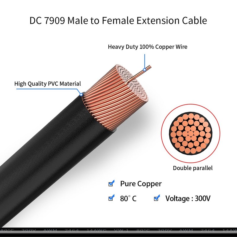 DC Power Extension Cable, 14AWG 2FT 8mm Male to Female