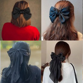 DMIMIA Big Bow Satin Hair Clips Set, Long Tail French Barrettes for Women and Girls, 2 PCS Silky Bowknot Metal Hairpins, Cute Oversized Hair Accessories for Thick Hair (Black)