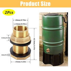 Begpoee Pack of 2 Tank Fittings Included, Brass Tank Fitting, Barrel Fitting, with 1/2 Inch Male Thread x 3/8 Inch Female Thread, for Taps, Water Butt and Water Tanks (Yellow)