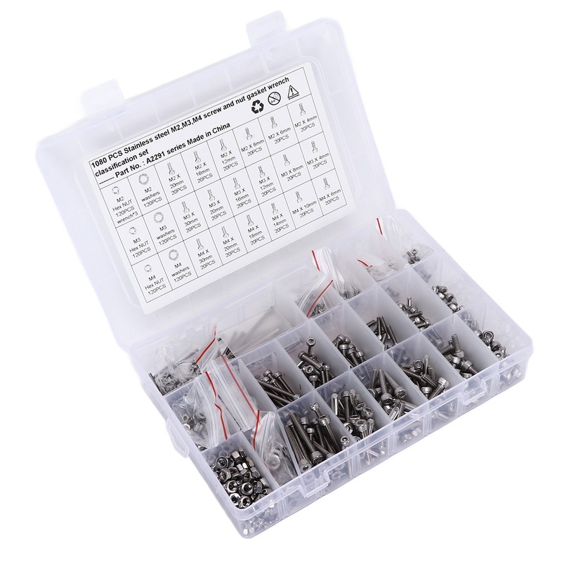 1080Pcs/Set M2 M3 M4 Screw Nut Gasket Kit Stainless Steel