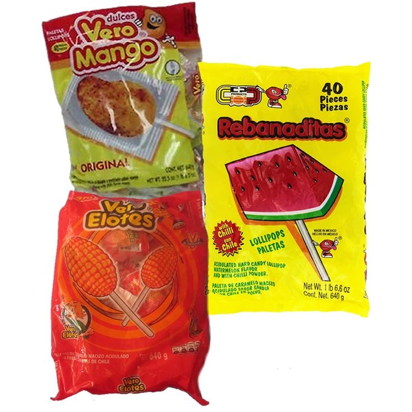 Spicy Mexican Candy Kit Including Vero Mango, Vero Elote and Watermelon Rebanaditas Lollipops
