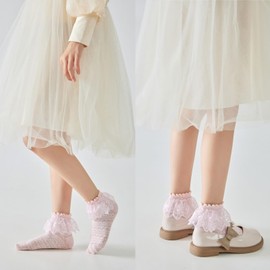 QKURT 6 Pairs Girls Frilly Ruffled Lace Socks, Kids School Ballet Training Ankle Socks Infant Cotton Socks Cute Princess Ankle Socks for 1-9 Years Old