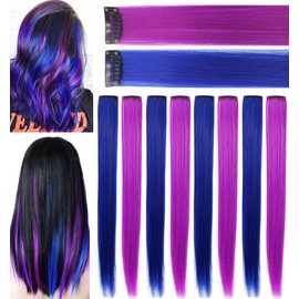 RYH 8 Pieces Clip-In Coloured Hair Extensions for Women Girls Women Blue Purple Hairpieces Wig for Women Multicoloured Party Hightlight Clips (Blue, Purple)