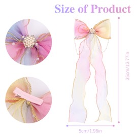 4Pcs Colorful Tulle Bow Hair Clips with Beaded Chain, Hair Ribbons for Girls, Hair Accessories for Kids Teens Women Princess Wedding Birthday Party Daily Wear