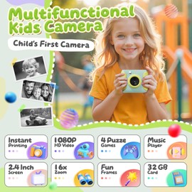 CalineGam Children's Camera Instant Camera 1080P HD Instant Camera Children with 32GB Card, 2.0 Inch Digital Camera Children, Children's Toy Gifts for Boys and Girls 3-12 Years (Green)