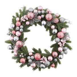 Fruasio Christmas Wreath with LED Light, Pink Silver Green Pine, 20 Inch Round Traditional Holiday Decor with Metallic Ornaments, Indoor Outdoor Winter Door Wall Decoration