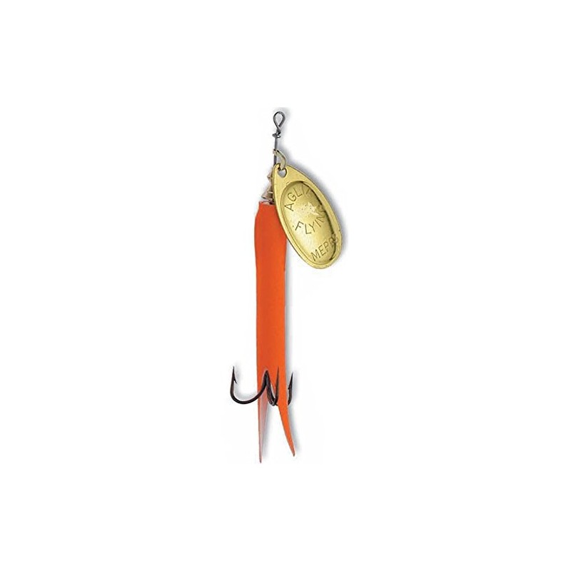 Mepps Aglia flying gold and orange, 25 sizes.