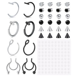 MODRSA Fake Piercings Fake Lip Piercing Fake Lip Ring Fake Nose Ring Hoop Fake Snake Bites Fake Eyebrow Piercing Clip Lip Ring Fake Eyebrow Ring Fake Face Piercings Fake Peircings Silver Black