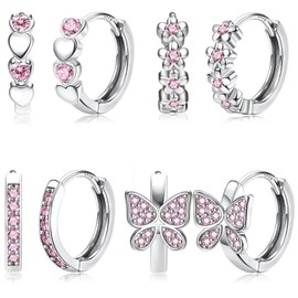 Kakonia 4Pairs Hypoallergenic Small Hoop Earrings - 925 Sterling Silver Post Huggie Hoop Earrings for Girls Women Cute Pink Cubic Zirconia Cartilage Earrings For Sensitive Ears