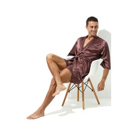 Men’s 2 Pieces Pajama Shorts with Satin Robe Lightweight Short Sleeve Silk Kimono Bathrobe with Shorts Set Sleepwear Housewear Nightgown for Male