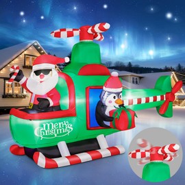 6.5FT Inflatable Christmas Santa Claus on Helicopter Outdoor Decorations, Xmas Blow Up with Built-in LED Lights, Cute Santa and Penguin Flying Airplane for Xmas Decor Lawn Yard Holiday Party
