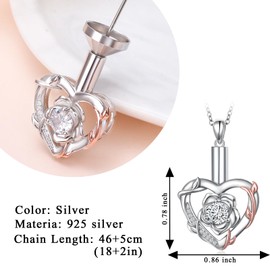 DAOCHONG 925 Sterling Silver Rose Flower Cremation Jewelry Heart Urn Necklaces for Ashes for Women Memorial Human Pet Ashes Pendant Keepsake Necklace for Ashes of Loved Ones