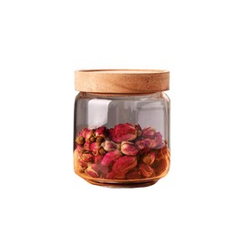 XINGZI Clear Glass Canister Food Storage Container Jar With Airtight Wood Lidsfor Coffee Beans Loose Leaf Tea Containers Sugar Cookies Dry Fruit Nuts Candy Jars (450ML/15oz)