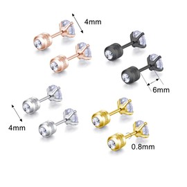 Hypoallergenic double sided diamond Stud Earrings For Womens Girl Secure Safety Screw back Cartilage CZ Stud Earrings (4mm 4Color (4 Pairs))