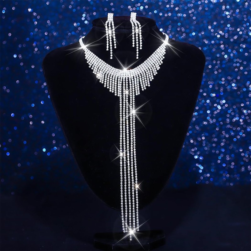 Urieo Silver Wedding Prom Jewelry Sets Crystal Choker Necklace Earrings