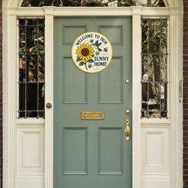 Sunflower Welcome Door Sign for Front Door,Summer&Autumn Decor Wreaths with Hummingbird and Bee,Welcome To Our Sunny Home,Rustic Wooden Sign hanger