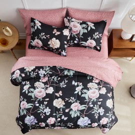 Joyreap 3pcs Floral Comforter Set, Black n Pink Reversible Design, Full/Queen Size Soft n Cozy Microfiber Bedding Comforter Set for All Season- 1 Comforter n 2 Pillow Shams, 90x90 inches