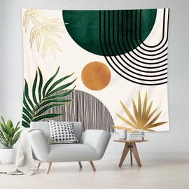 KOMLLEX Chic Abstract Tapestry Boho Leaves Mid Century Sun Arch Minimalist Modern Gold Botanical Plant Simple Geometric Wall Hanging Aesthetic Green Home Decor Art for Living Room Bedroom Dorm 59Wx51H