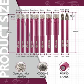 QUEFORET Diamond Drill Bits Set 10pcs - 8pcs 6/6/6/6/8/8/10/10mm Dry Hole Saw, 2pcs 6mm Carbide Bits for Ceramic Porcelain Tile Marble Granite, Round Shank
