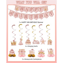 12Pcs Sweet 16 Party Decorations for Girls Pink Rose Gold Happy 16th Birthday Decorations with Banner Honeycomb Centerpiece Hanging Swirls 16 Years Old Birthday Party Supplies (Rose Gold)