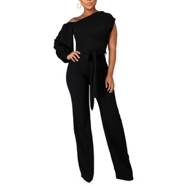 DeftSharp 2025 Women's Casual One-Shoulder Sleeve Crew Neck Slanted Shoulder Back Zip Belt Long Jumpsuit Black