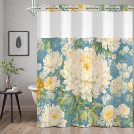 NAEMBCU Watercolor Floral No Hook Shower Curtain with Snap-in Liner
